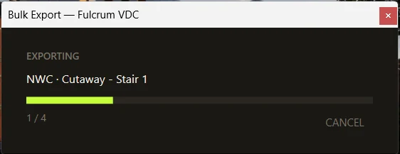 Bulk Export progress dialog exporting NWC files one at a time, with a Cancel option