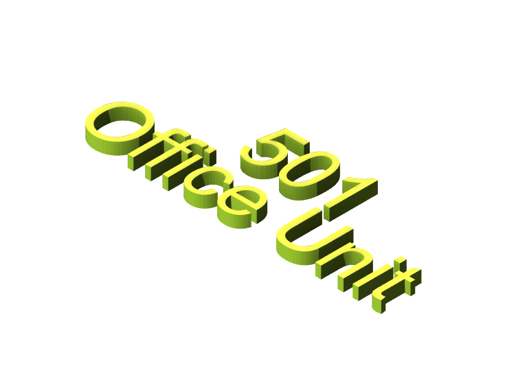 Close-up of a single extruded 3D room tag reading a room number over a room name