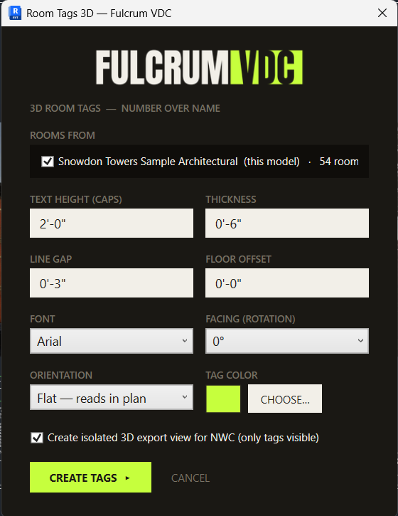 Room Tags 3D dialog: room sources, text height, thickness, font, color, and Flat/Upright orientation